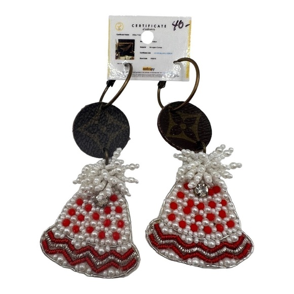 Sandra Ling Upcycled Christmas Hats Seed Bead LV Dangle Hoop Earrings NEW - Picture 1 of 11